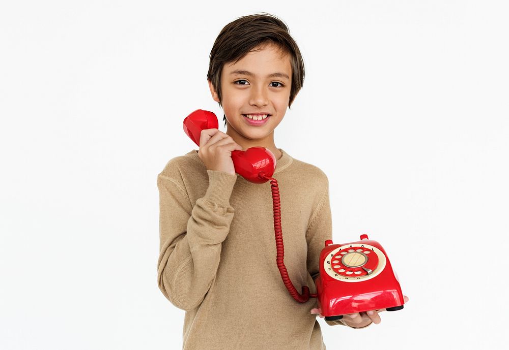 Boy Hold Call Telephone Concept