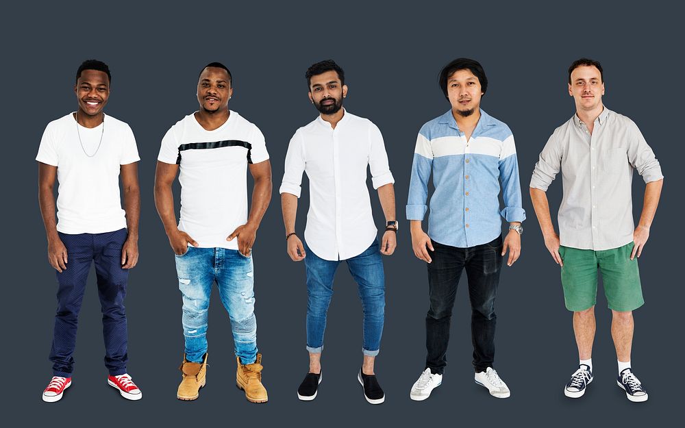 Diversity Adult Men Set Gesture Standing Together Studio Isolated