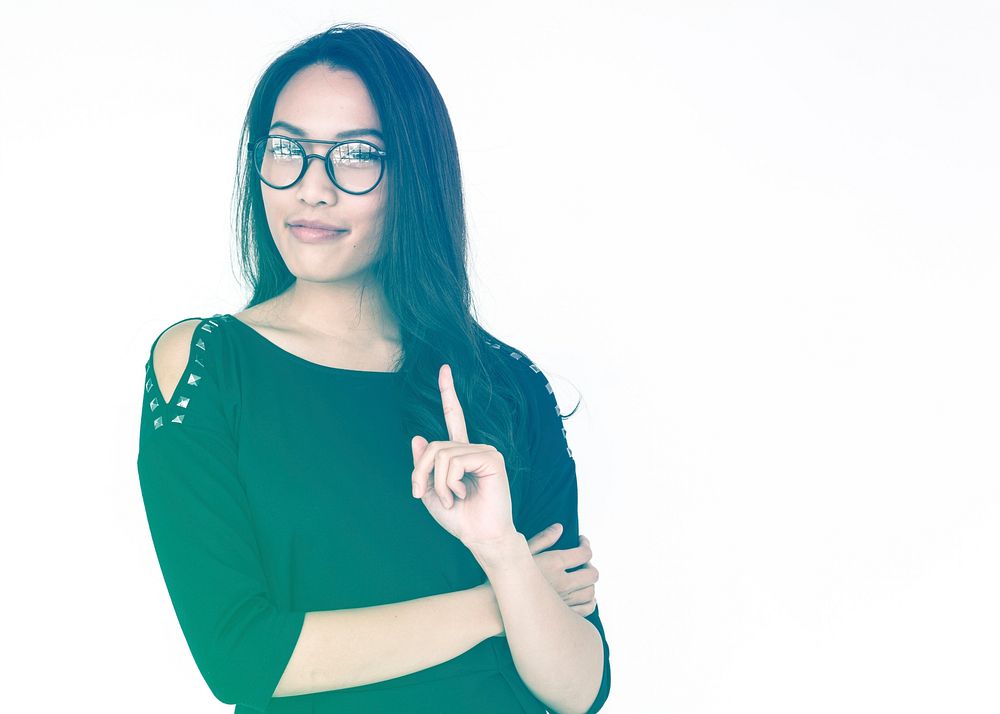 Asian Woman Wear Eyeglasses Cheerful Portrait Studio