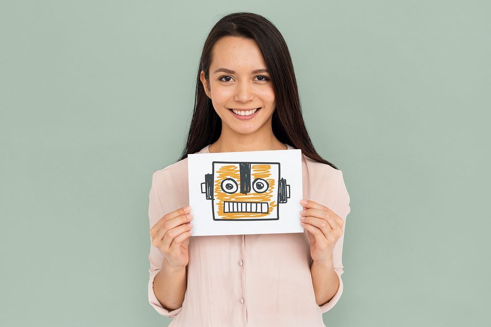 Woman holding placard with robot icon