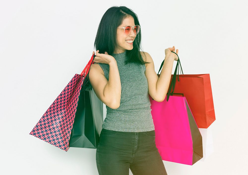 Adult Asian Woman Hands Hold Carrying Shopping Bags
