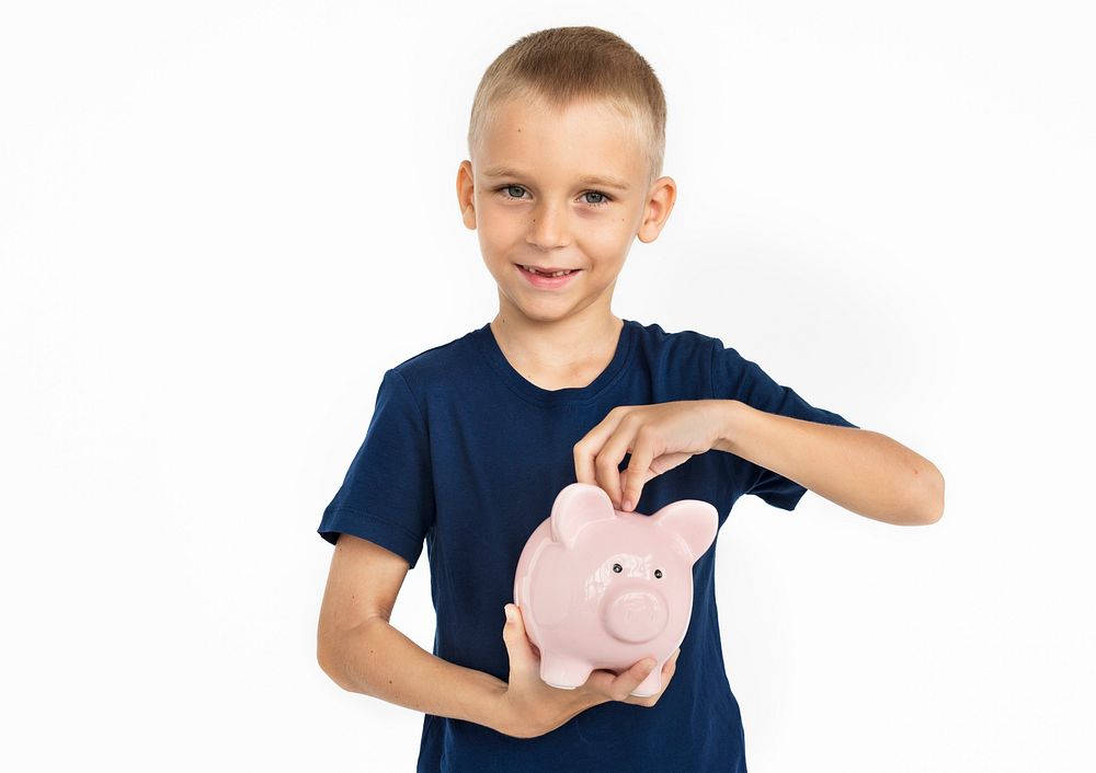 Little Boy Kid Adorable Cute Saving Piggy Bank Portrait Concept