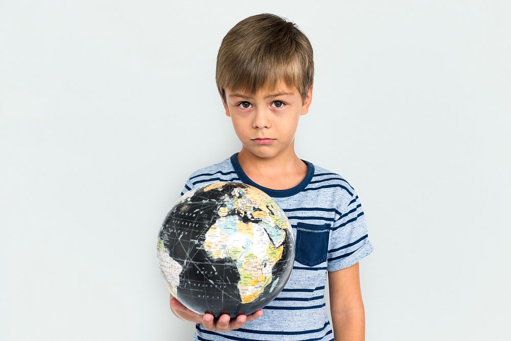 Little Boy Kid Adorable Cute Playful Globe Portrait Concept