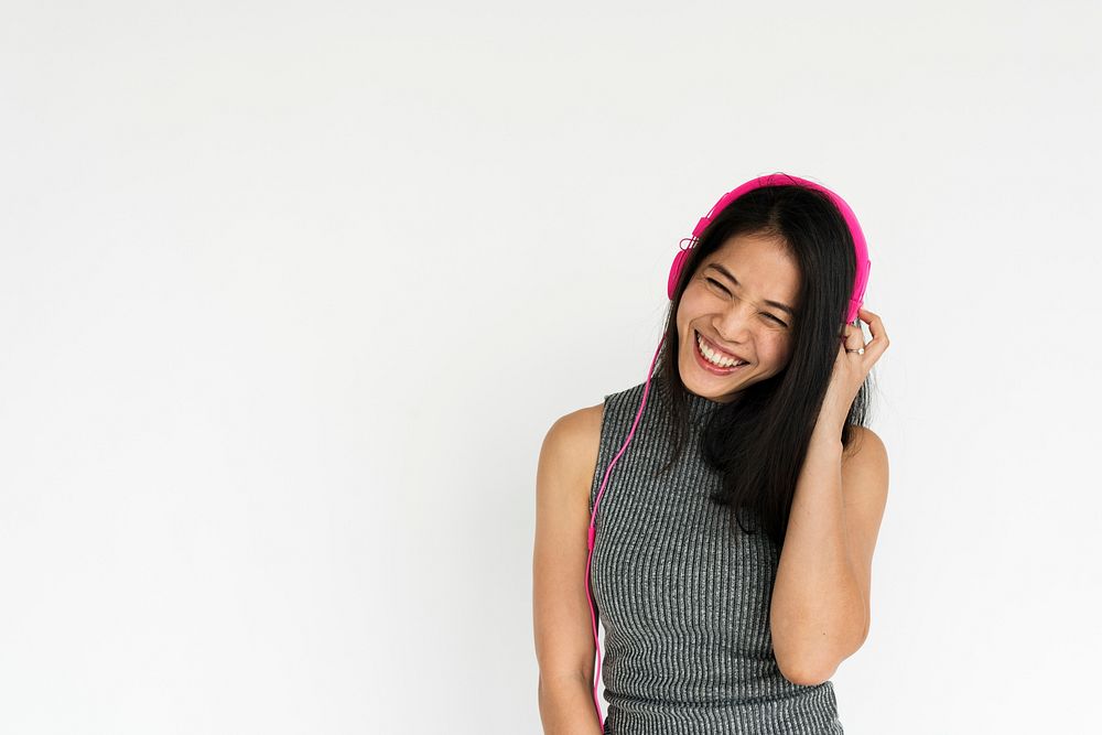Cheerful Girl Standing Listen Music Headphones Concept