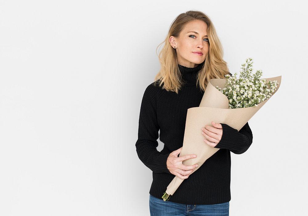 Woman Smiling Happiness Flower Bouquet Portrait Concept