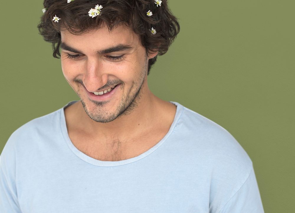 Man Smiling Happiness Flower Portrait Concept