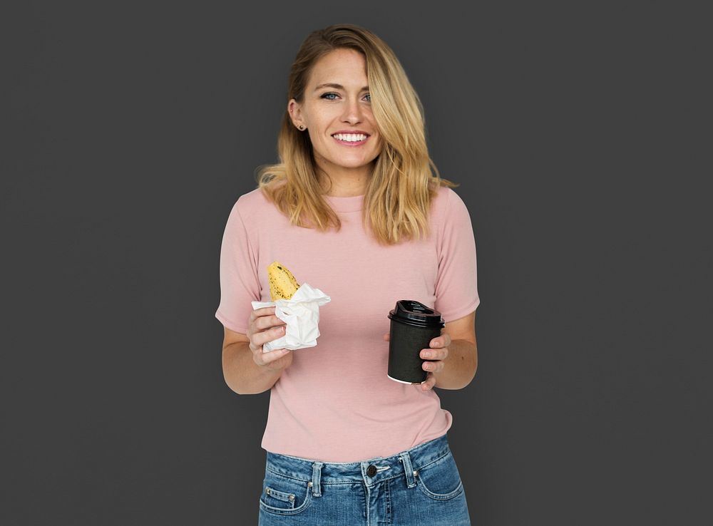 Caucasian Woman With Bread Coffee Concept