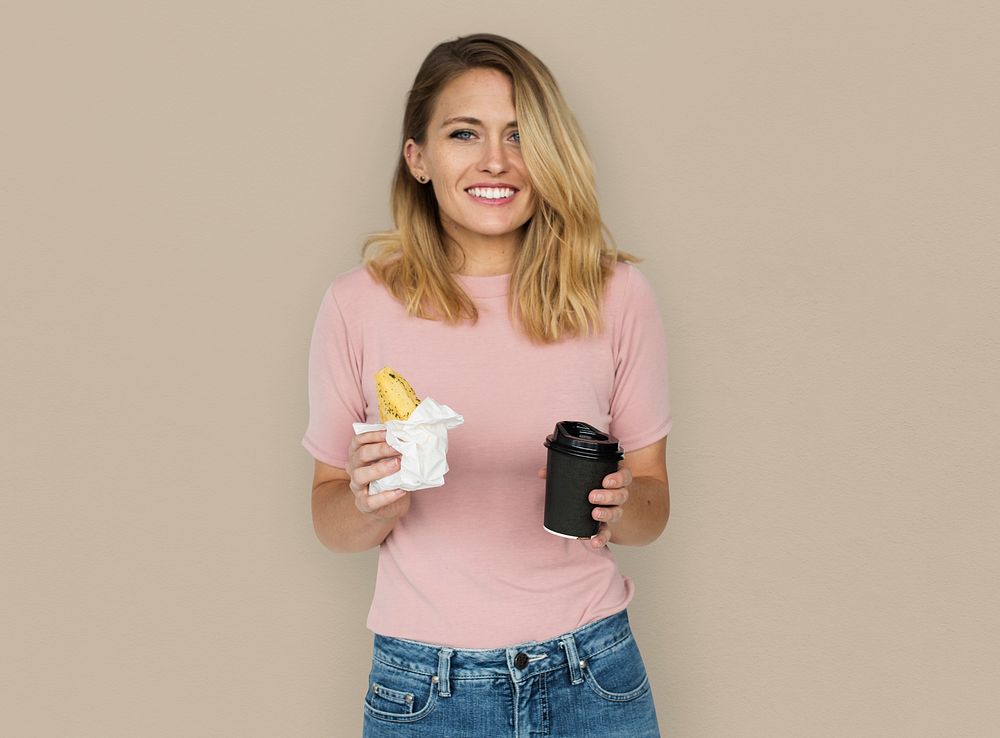 Caucasian Woman With Bread Coffee Concept