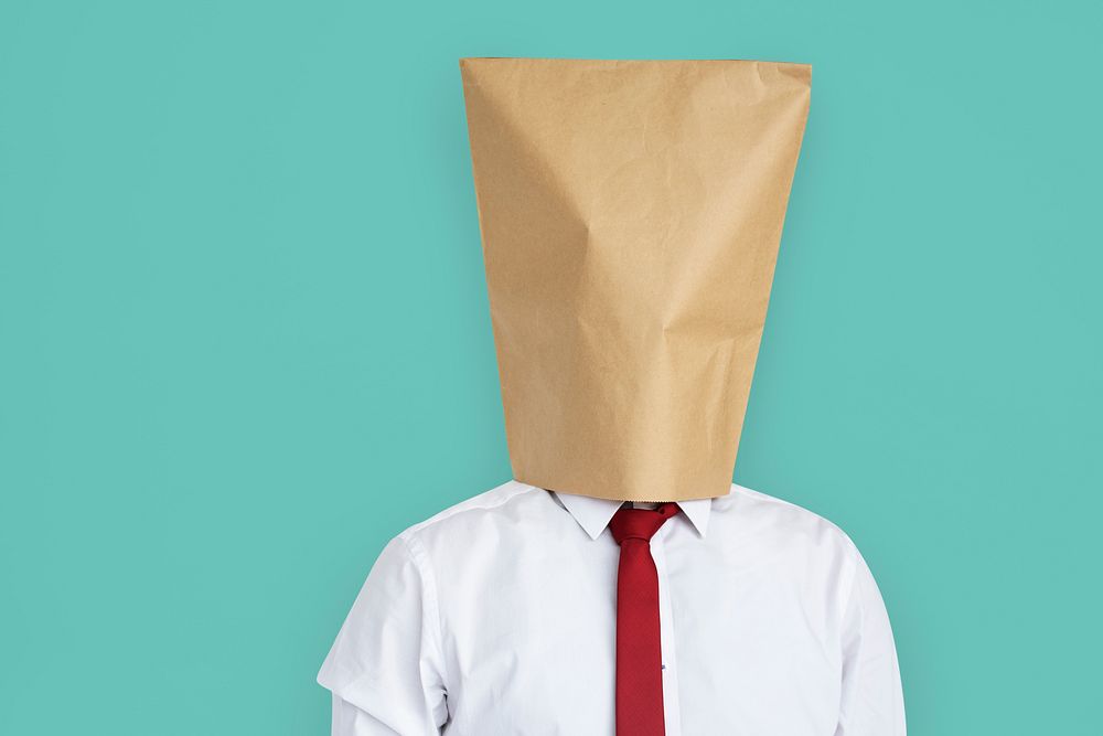 Man Paper Bag Cover Face Ashamed Portrait Concept
