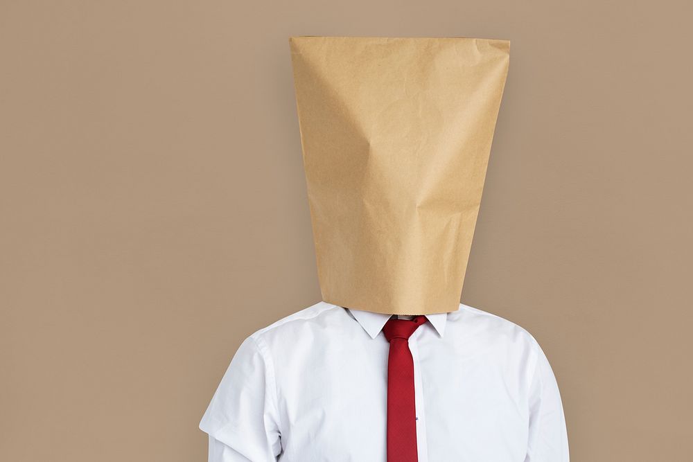 Man Paper Bag Cover Face Ashamed Portrait Concept