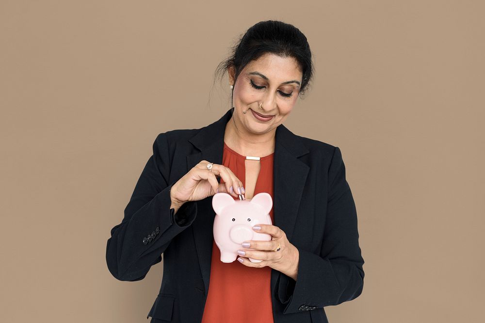 Woman Smiling Happiness Piggy Bank Concept
