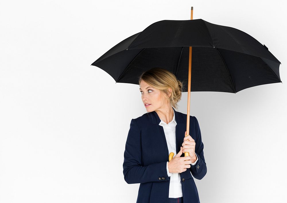Business Woman Looking Back Umbrella Concept