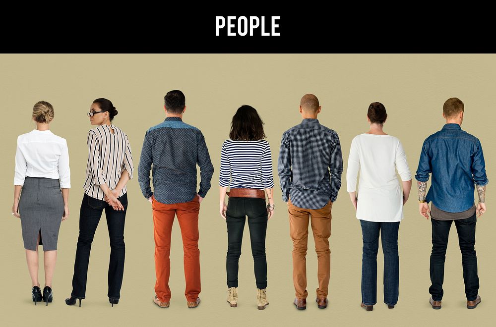 Group of Diverse People Turn Back Side Set Studio Isolated