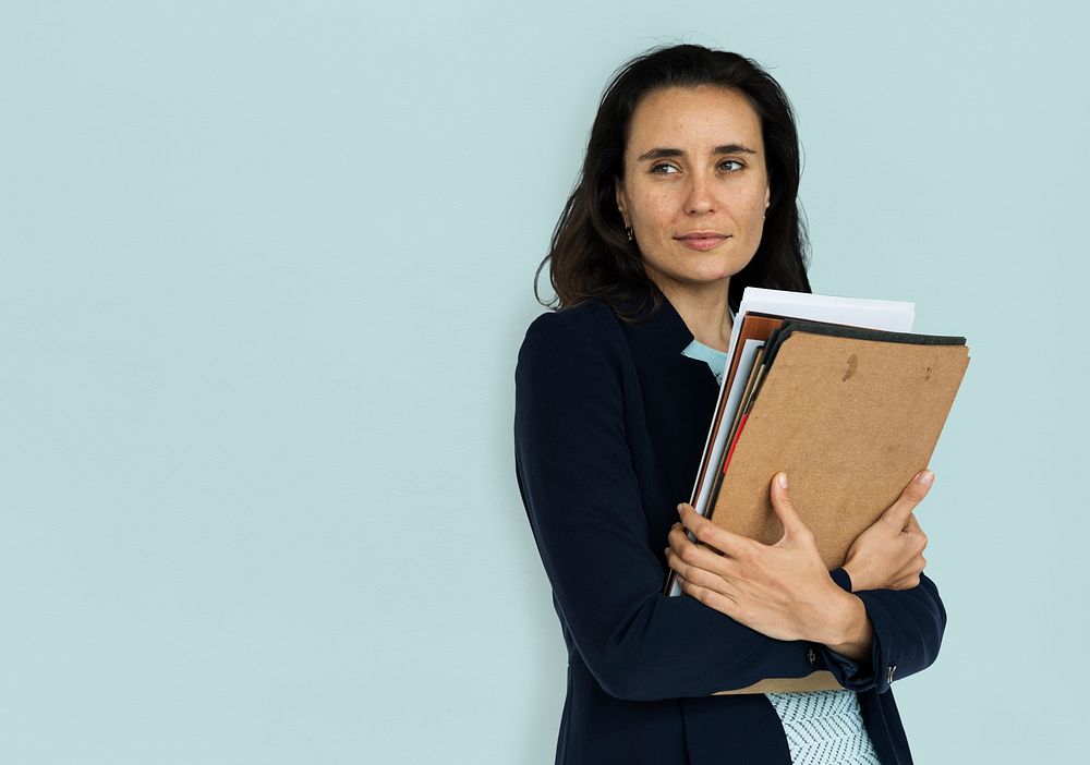 Caucasian Business Woman Documents Smiling