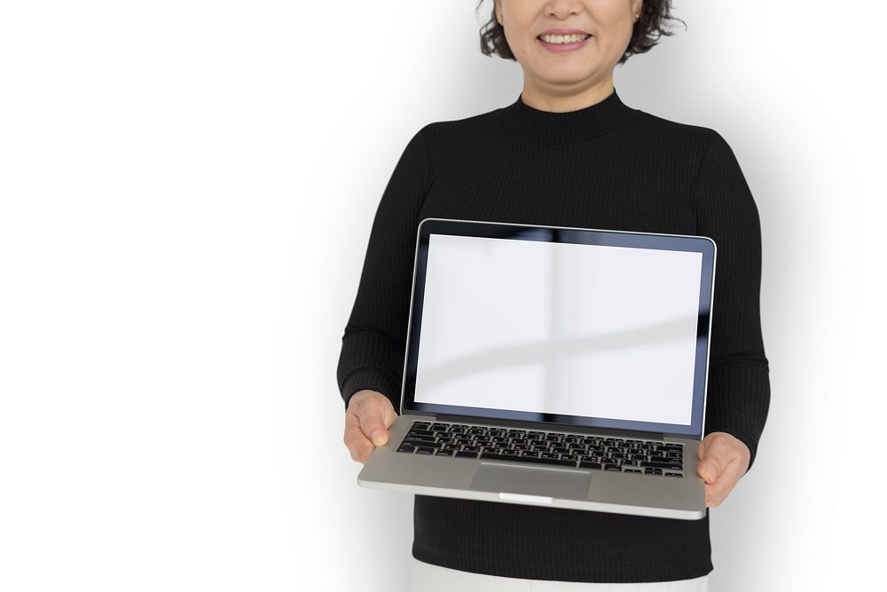 Woman Holding Laptop Copy Space Technology