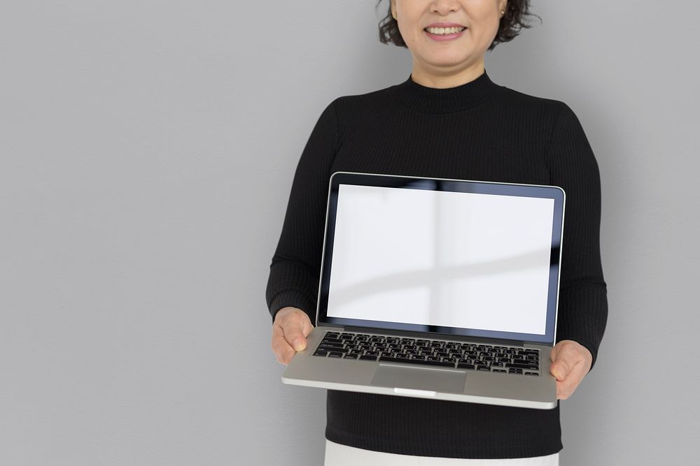 Woman Holding Laptop Copy Space Technology