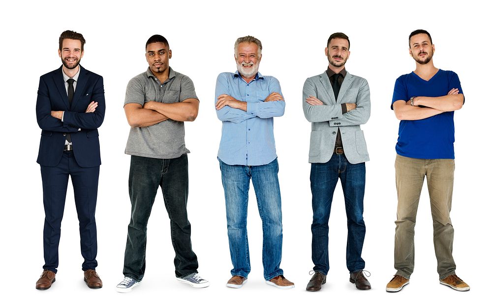 Diversity Adult Men Set Gesture Standing Together Studio Isolated