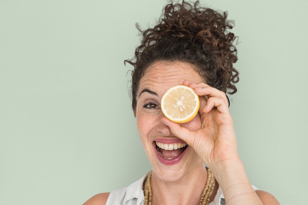 Woman Smiling Happiness Cover Eye Playful Lemon Portrait