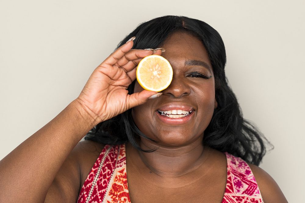 Woman Smiling Happiness Cover Eye Playful Lemon Portrait