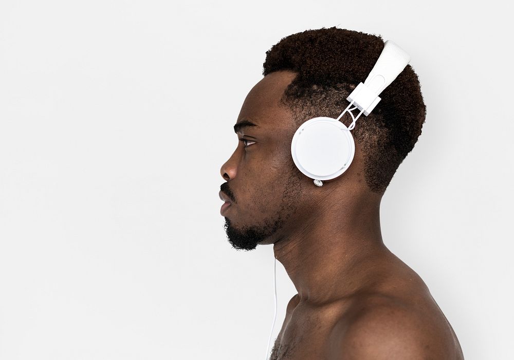 African Man Bare Chest Headphones Music Portrait