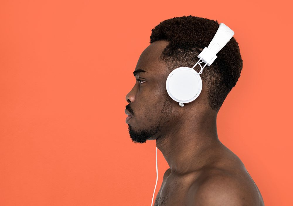 African Man Bare Chest Headphones Music Portrait