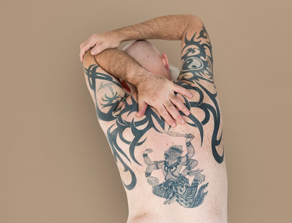 Senior Adult Man Rear View Hanuman Tattoo Spiritual Arts