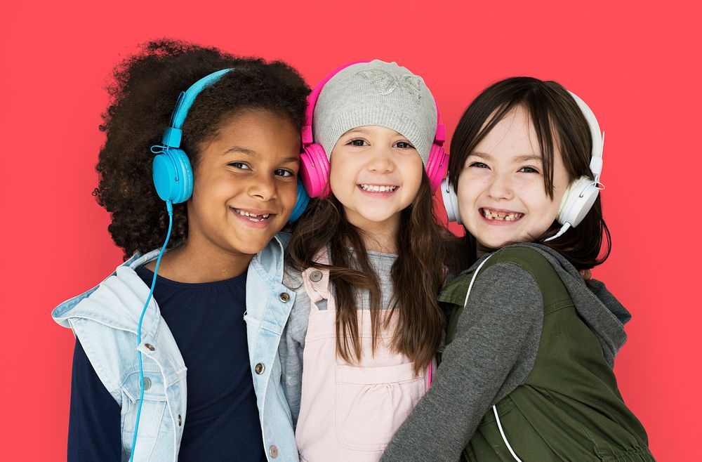 Little Girls Headphones Happy Smiling