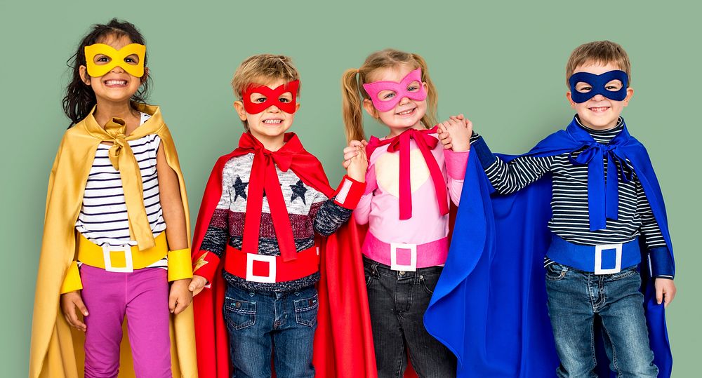 Little Kids Dressing Superhero Hold Hands