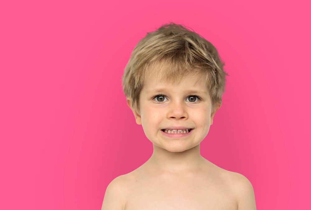 Little Boy Bare Chest Smiling Happiness Studio Portrait