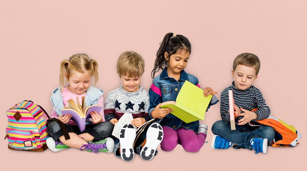 Little Children Reading Books Smiling