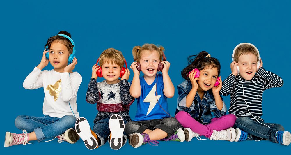 Children Smiling Happiness Music Headphones Leisure