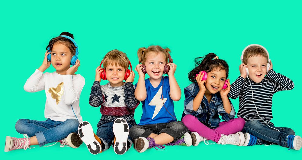 Children Smiling Happiness Music Headphones Leisure