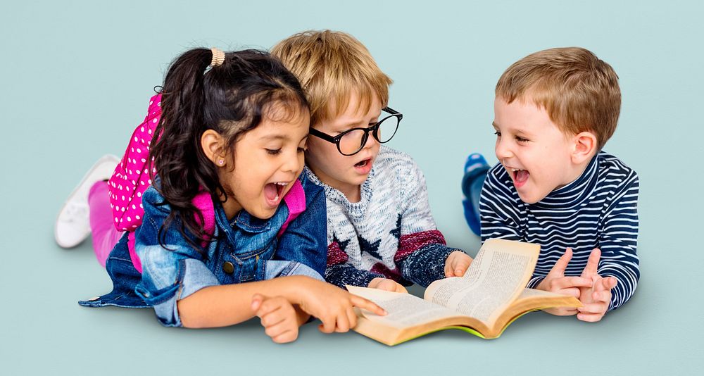 Little Children Reading Book Cheerful