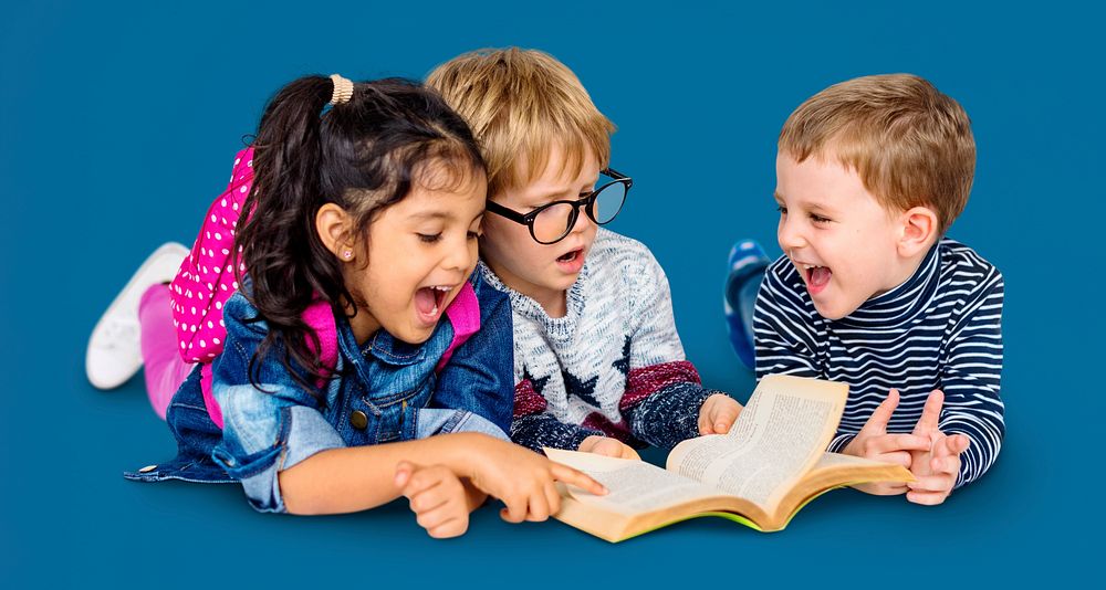 Little Children Reading Book Cheerful