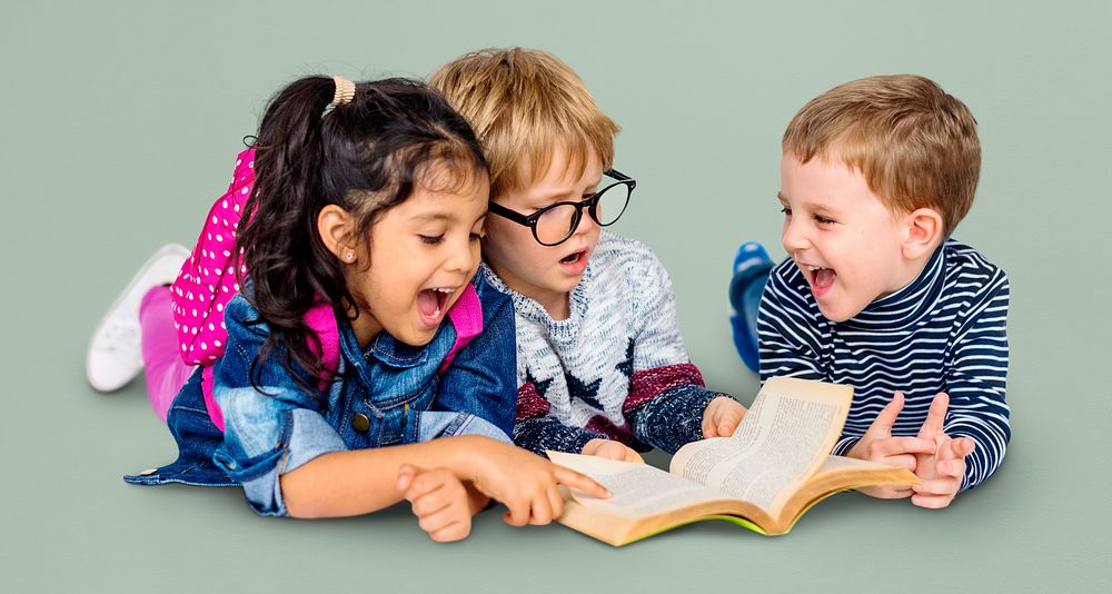 Little Children Reading Book Cheerful