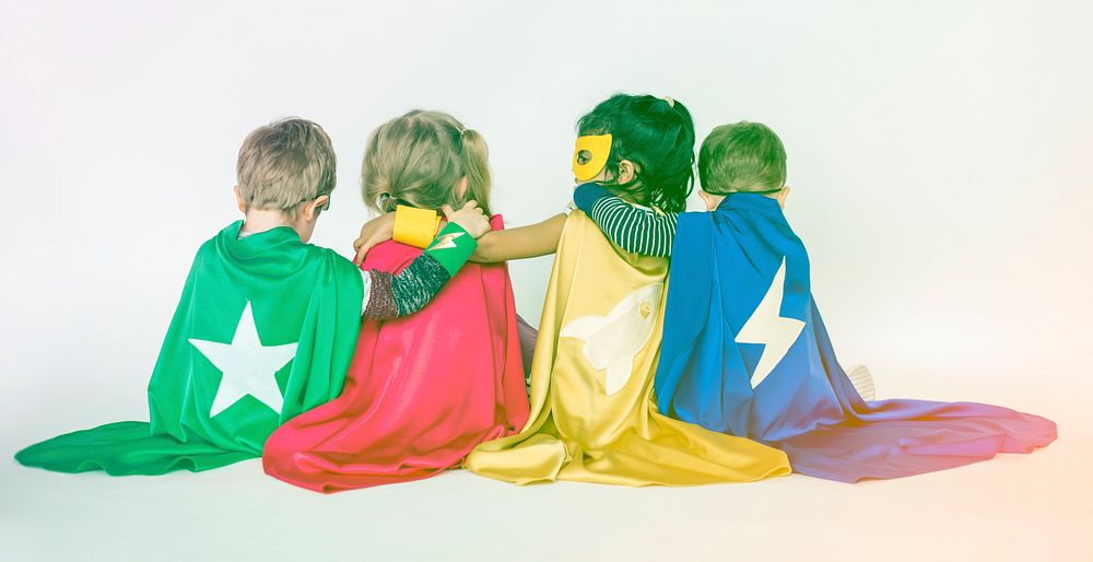 Group of superheroes kids with rear view