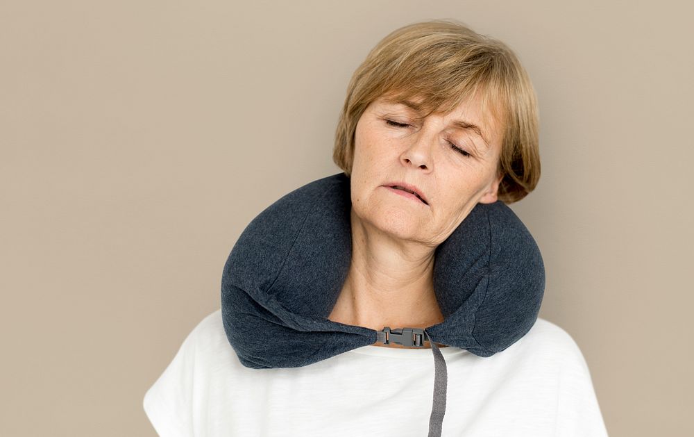 Senior Adult Woman Neck Pilow Comfortable Sleeping Concept