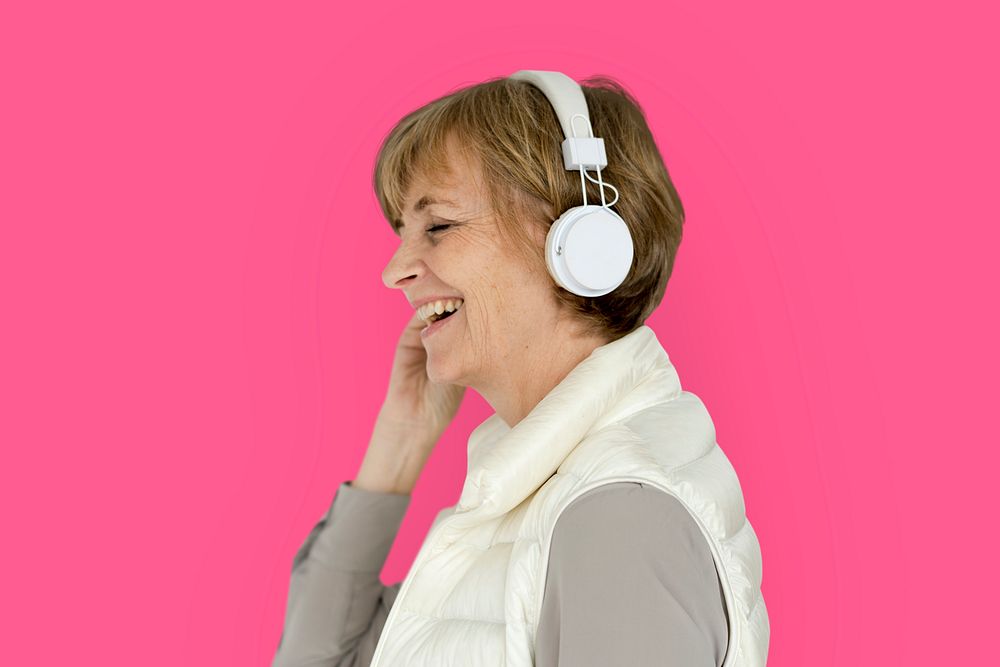 Senior Adult Woman Smiling Happiness Headphones Music Entertainment Studio Portrait