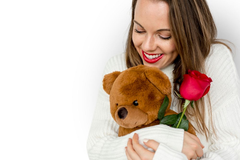 Young Lady Hugging Teddy Rose Smiling