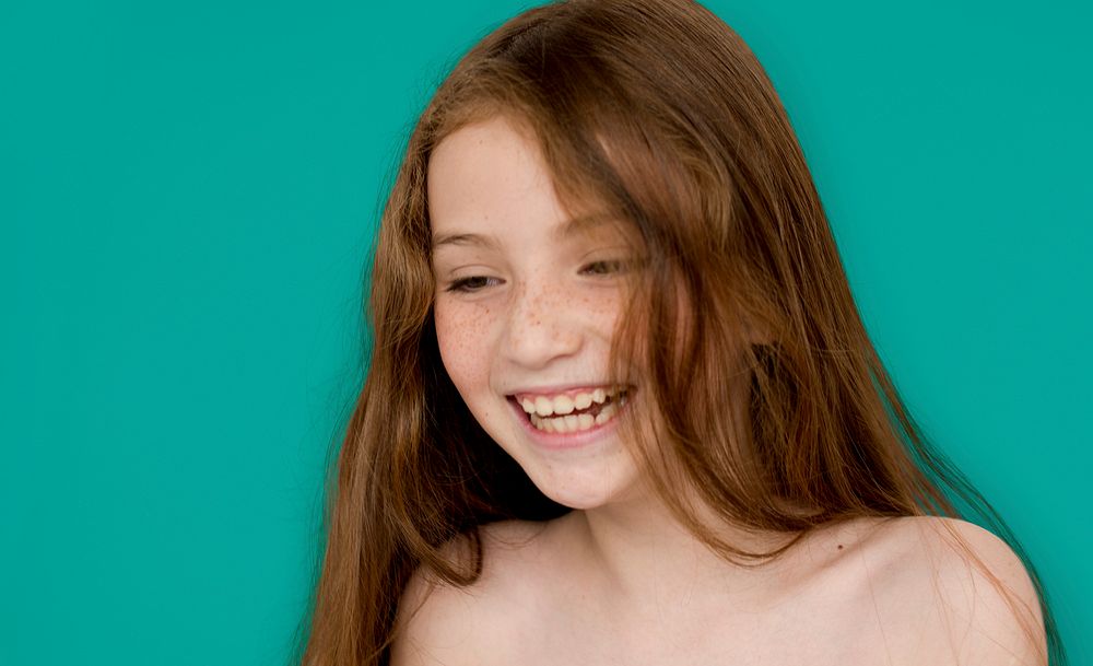 Caucasian Young Girl Bare Chested Smiling