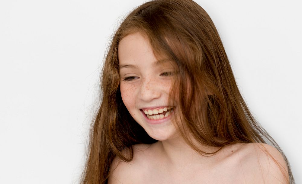 Caucasian Young Girl Bare Chested Smiling