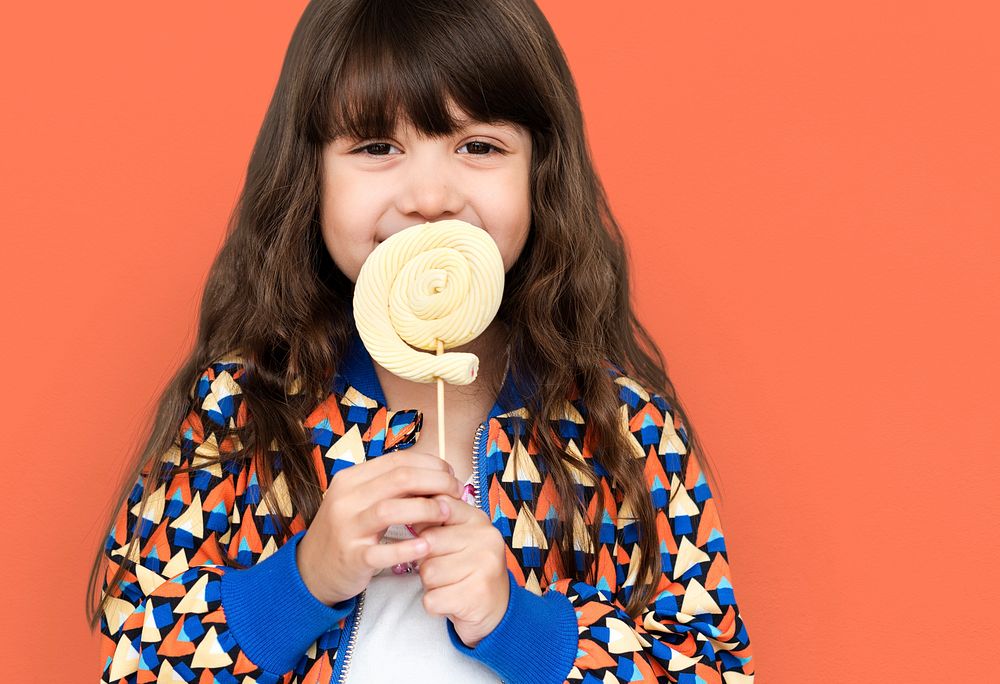 Little Girl Smiling Happiness Studio Portrait Sweet Lollipop