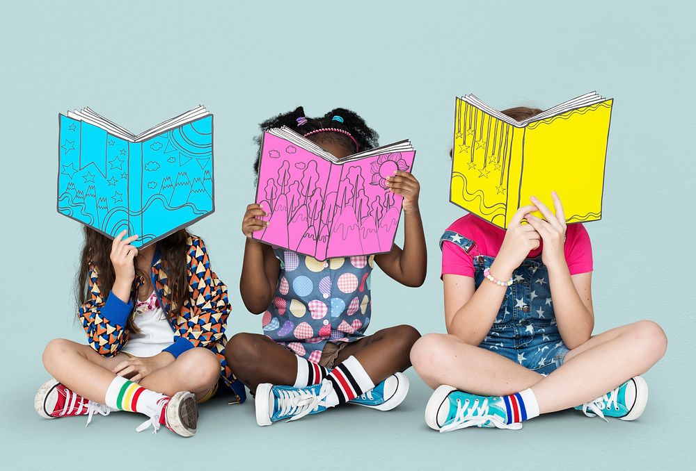 Children Girlfriends Reading Book Education Togetherness Studio Portrait
