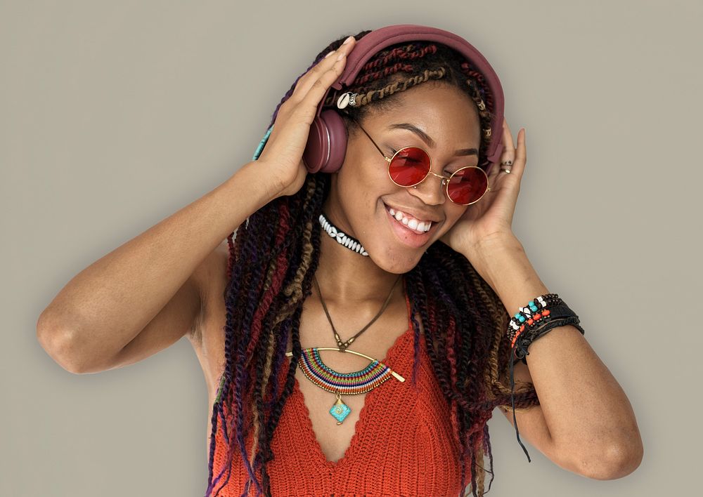 African Woman Smiling Happiness Headphones Music Entertainment
