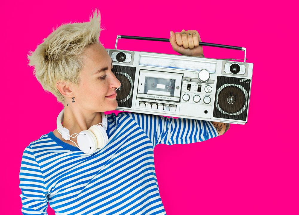 Caucasian Blonde Woman Headphones Jukebox