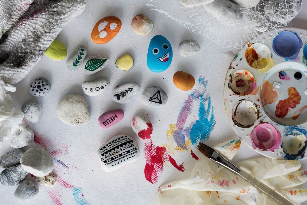 Painting Palette Pebbles Brushes White Table