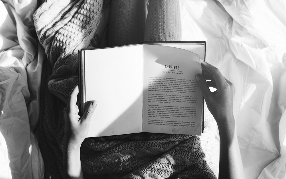 Woman Reading Book Novel On Bed Morning Black&White