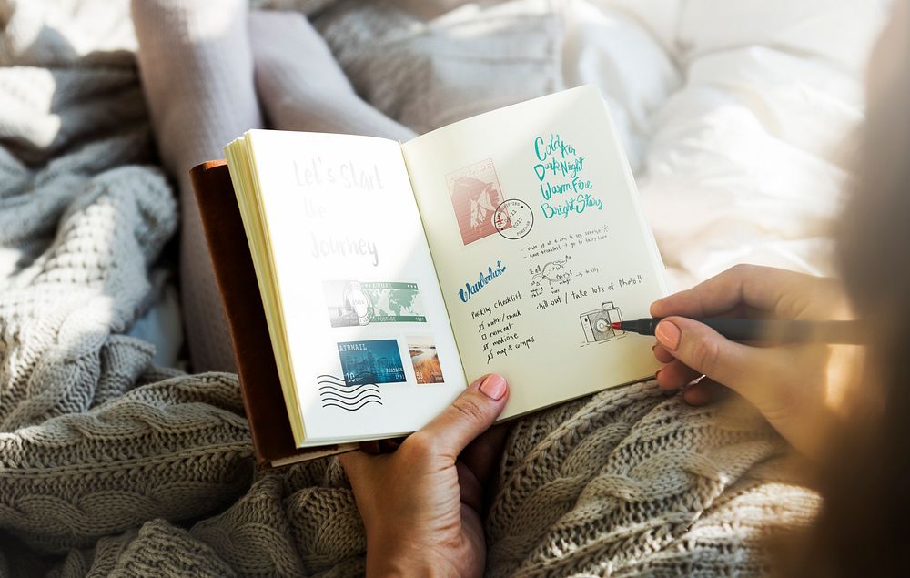 Woman Writing Notebook Diary On Bed Breakfast Morning
