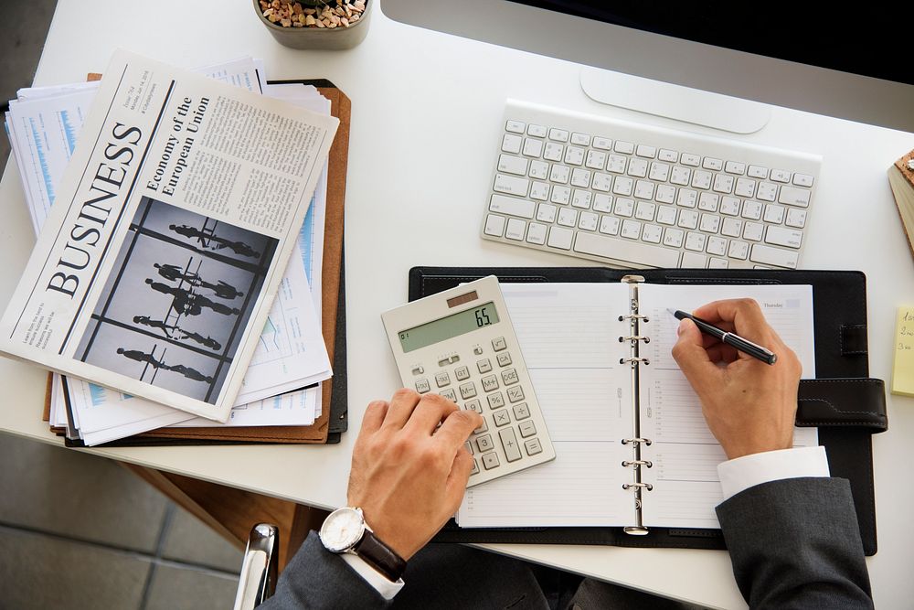 Businessman Working Calculate Writing White Table