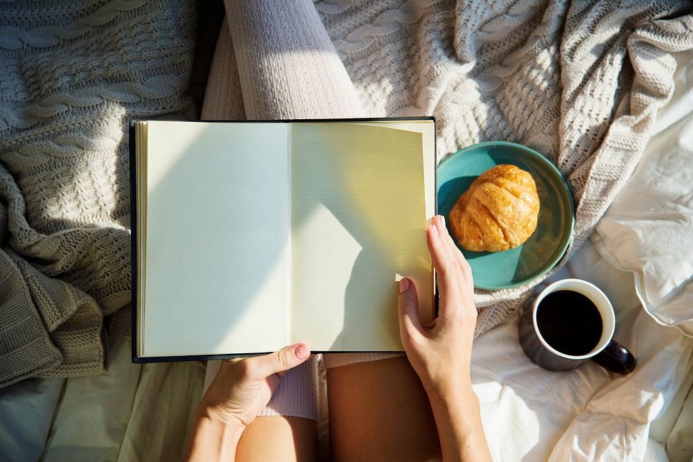 Woman Reading Book Novel On Bed Breakfast Morning